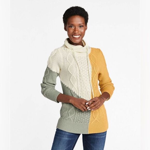 LL BEAN Cotton Funnel Neck Cable Knit Color Block Knit Sweater Size Large - Picture 1 of 6